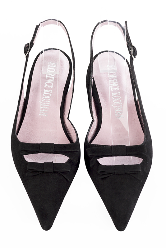 Matt black women's open back shoes, with a knot. Pointed toe. Flat kitten heels. Top view - Florence KOOIJMAN